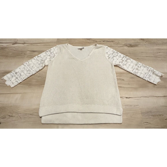 ella moss xs sweater knit v neck lace sleeves hi lo hem cream - Picture 1 of 9